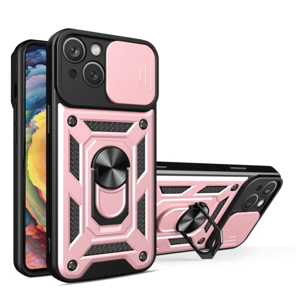 Hybrid Armor Camshield case with stand and camera cover for iPhone 15 – pink