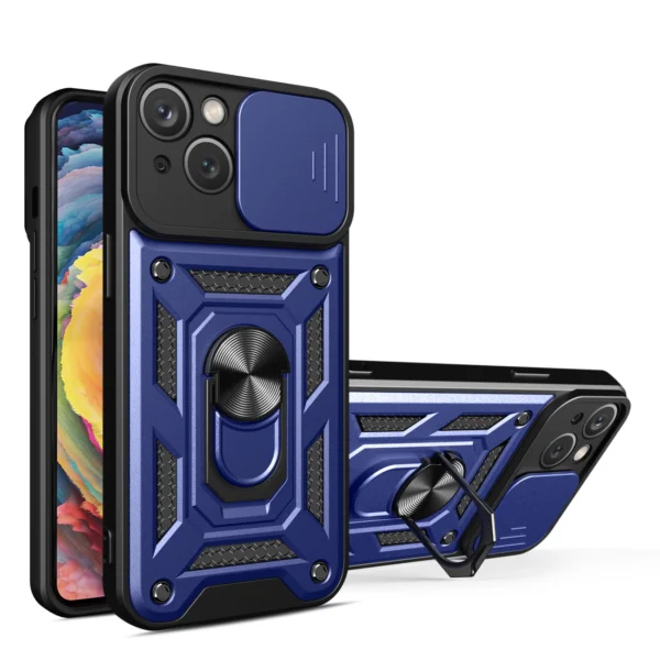 Hybrid Armor Camshield Case with Stand and Camera Cover for iPhone 15 Plus – Blue