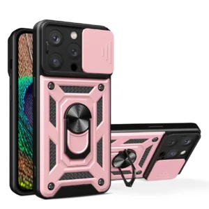 Hybrid Armor Camshield case with stand and camera cover for iPhone 15 Pro – pink