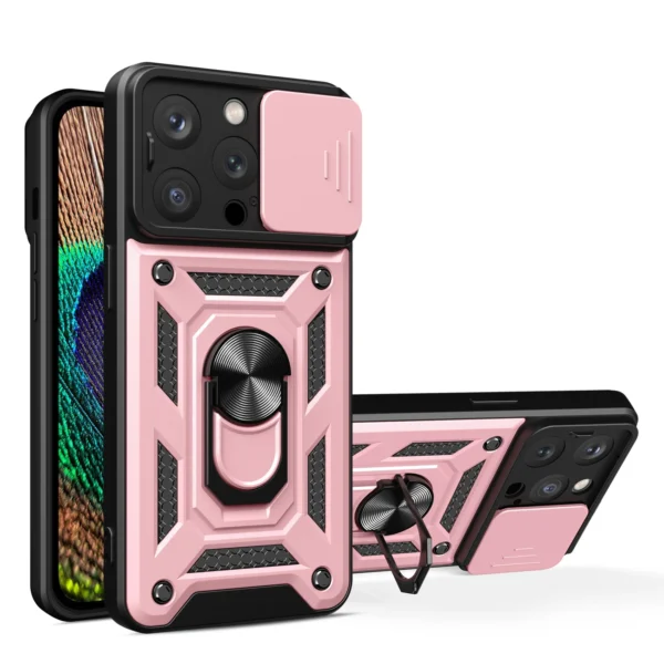 IPhone 15 Pro Max Hybrid Armor Camshield Case with Kickstand and Camera Cover – Pink