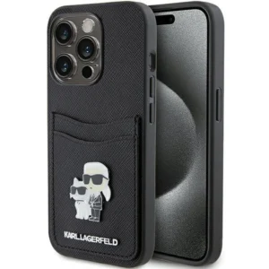 Karl Lagerfeld Saffiano Cardslot Karl&Choupette Metal Pin case for iPhone 15 Pro – black