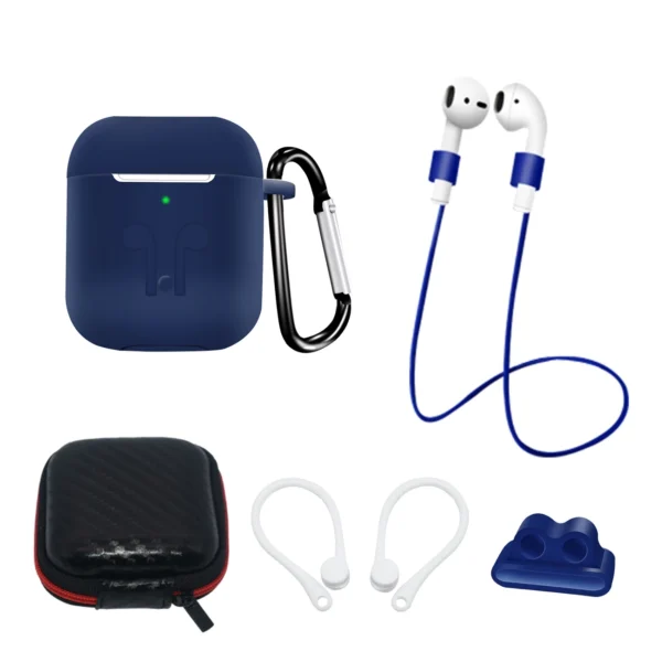 Set of AirPods 2 / AirPods 1 silicone case + case / ear hook / neck strap / watch strap holder / carabiner – blue