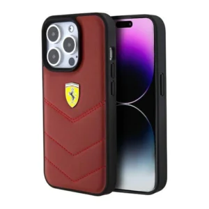 Ferrari Leather Stitched Lines case for iPhone 15 Pro – red