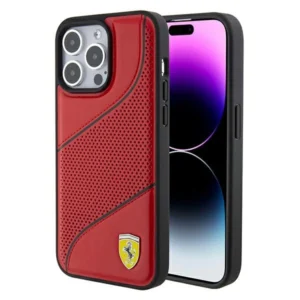 Ferrari Perforated Waves Metal Logo case for iPhone 15 Pro – red