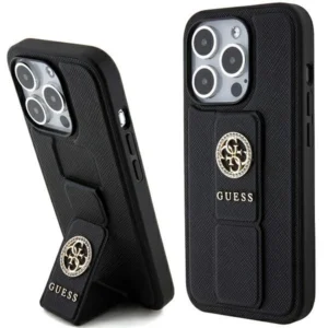 Guess Grip Stand 4G Saffiano Strass case for iPhone 15 Pro Max – black