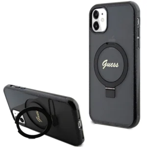 Guess Ring Stand Script Glitter MagSafe case for iPhone 11 / Xr – black