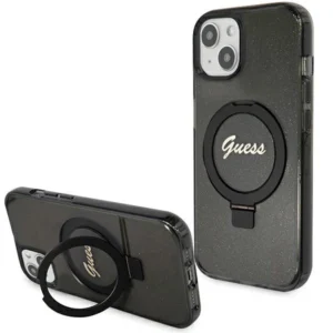 Guess Ring Stand Script Glitter MagSafe case for iPhone 13 / 14 / 15 – black