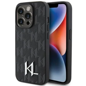 Karl Lagerfeld Leather Monogram Hot Stamp Metal Logo case for iPhone 15 Pro Max – black