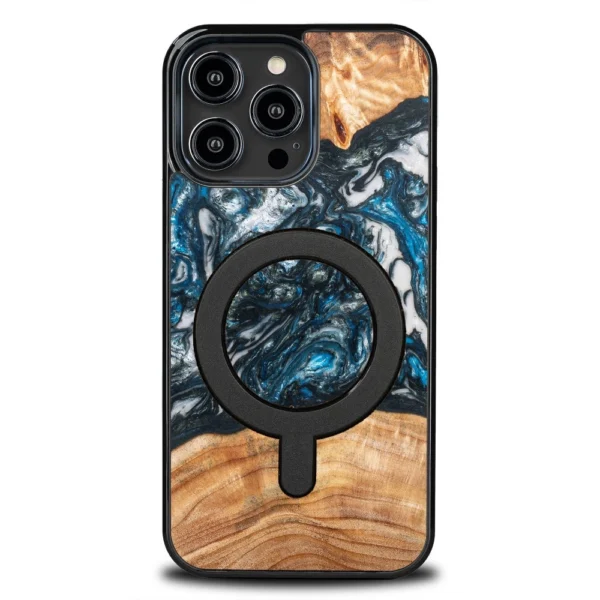 Wood and Resin Case for iPhone 14 Pro Max MagSafe Bewood Unique Planet Earth - Blue Green