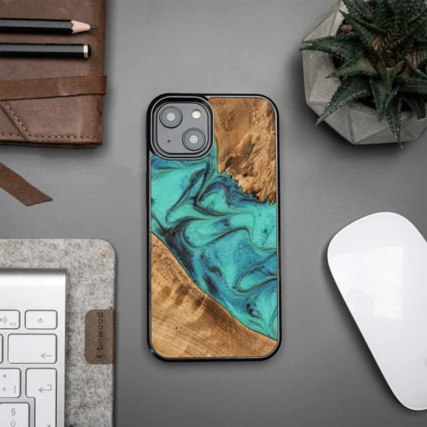 Bewood Unique Turquoise Wood and Resin iPhone 15 Case - Turquoise and Black