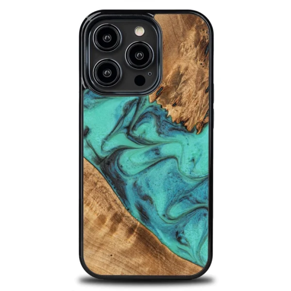 Bewood Unique Turquoise Wood and Resin Case for iPhone 15 Pro - Turquoise and Black