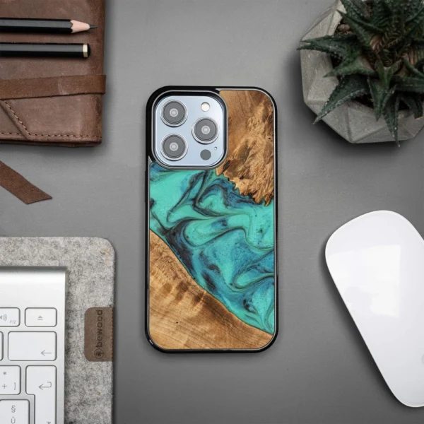 Bewood Unique Turquoise Wood and Resin Case for iPhone 15 Pro - Turquoise and Black