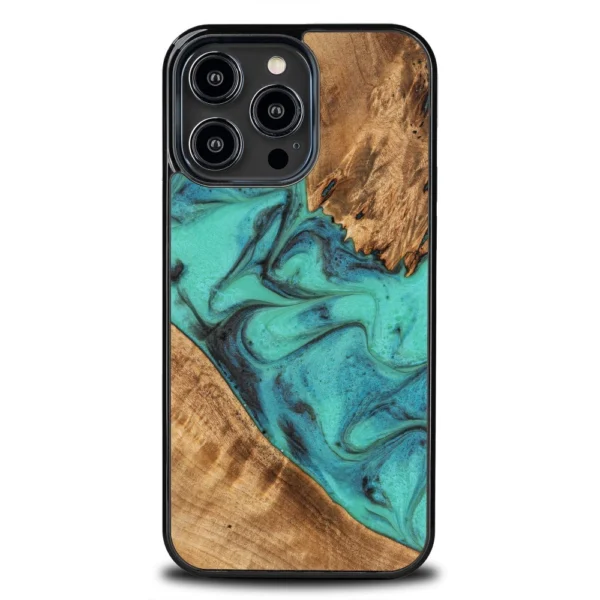 Bewood Unique Turquoise Wood and Resin Case for iPhone 15 Pro Max - Turquoise and Black