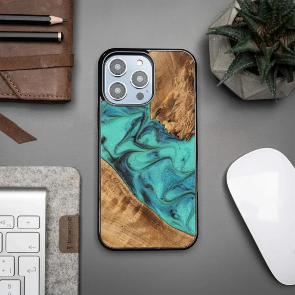 Bewood Unique Turquoise Wood and Resin Case for iPhone 15 Pro Max - Turquoise and Black