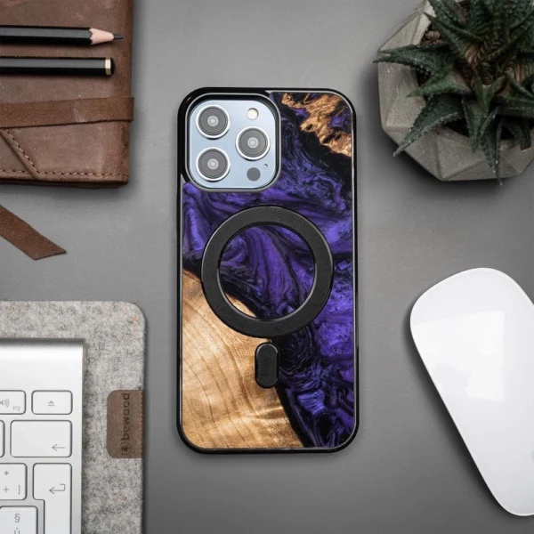 Bewood Unique MagSafe Violet Wood and Resin Case for iPhone 15 Pro Max - Purple and Black