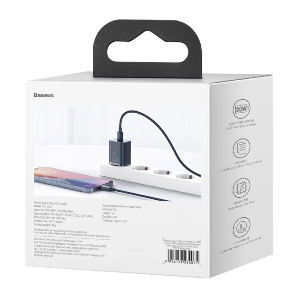 Baseus Super Si 1C fast charger USB Type C 20W Power Delivery + USB Type C - Lightning cable 1m blue (TZCCSUP-B03)