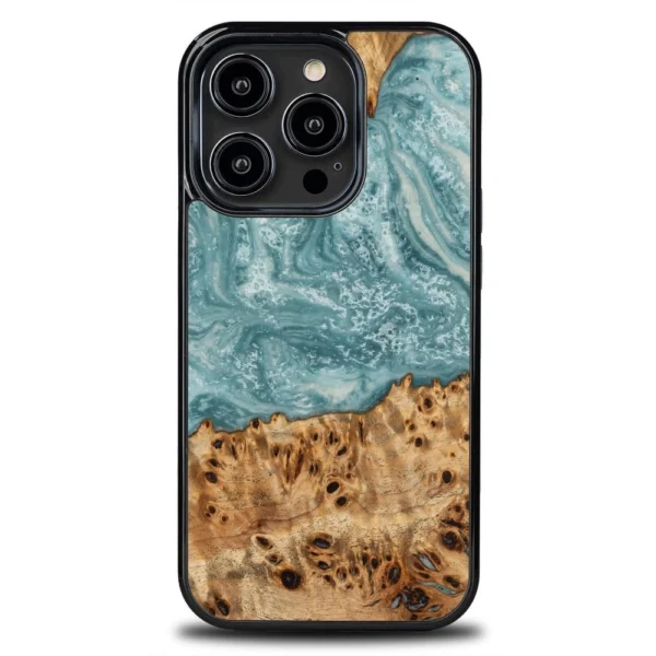 Bewood Unique Uranus Wood and Resin iPhone 14 Pro Case – Blue and White