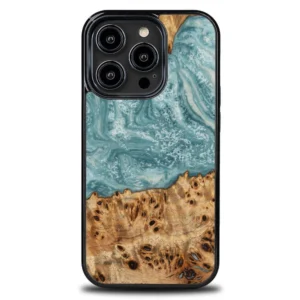 Wood and resin case for iPhone 15 Pro Bewood Unique Uranus – blue and white