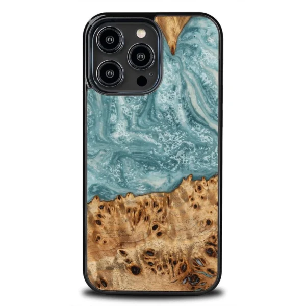 Wood and resin case for iPhone 15 Pro Max Bewood Unique Uranus – blue and white