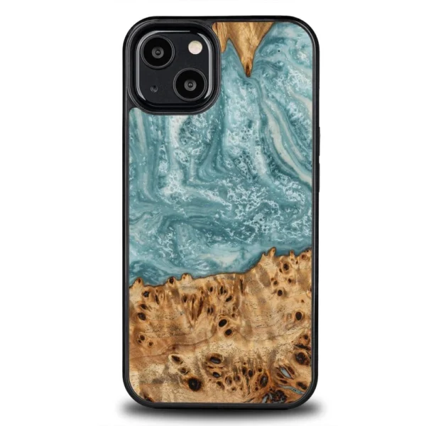 Wood and resin iPhone 13 case Bewood Unique Uranus – blue and white