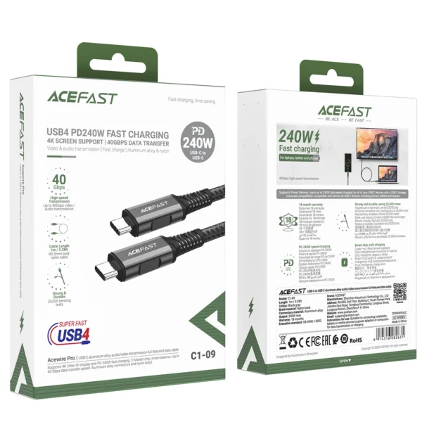 Acefast C1-09 USB-C / USB-C USB4 PD3.1 cable 5A 1m - gray-black