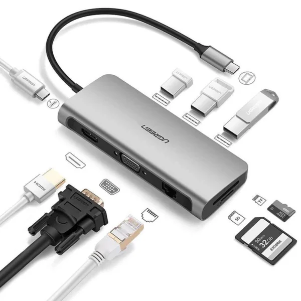 Ugreen CM179 9in1 USB-C - 3x USB-A 3.0 / HDMI / VGA / RJ45 / TF / SD card reader / USB-C adapter - gray