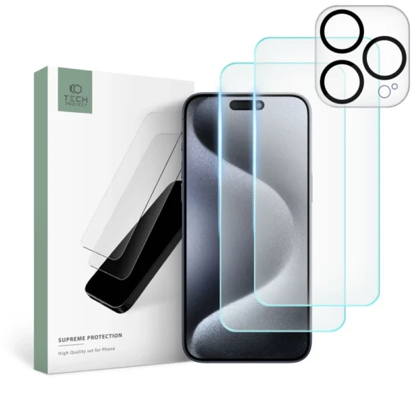 Tech-Protect Supreme Set for iPhone 15 Pro 2x Tempered Glass for Display / Tempered Glass for Camera