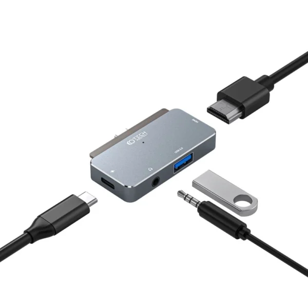 HUB Tech-Protect V6 4in1 USB-C - USB-A 3.0 / USB-C PD100W / HDMI / mini jack 3.5mm - gray