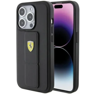 Ferrari Grip Stand Metal Logo case for iPhone 15 Pro Max – black