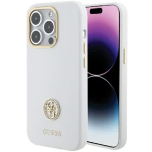 Guess Silicone Logo Strass 4G case for iPhone 15 Pro Max – white