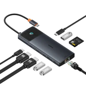 HUB 10in1 Baseus Metal Gleam Series USB-C to USB-C PD / USB-C / 3x USB-A / 2x HDMI / RJ-45 / SD / TF – black