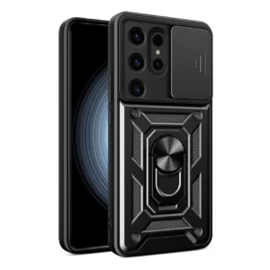 Hybrid Armor Camshield case for Samsung Galaxy S24 Ultra armored with camera cover – black