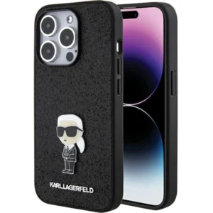 Karl Lagerfeld Fixed Glitter Ikonik Logo Metal Pin Case for iPhone 15 Pro Max – Black