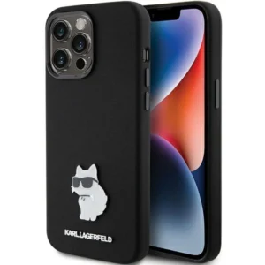 Karl Lagerfeld Silicone Choupette Metal Pin case for iPhone 15 Pro – black