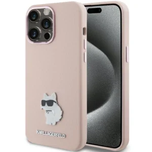 Karl Lagerfeld Silicone Choupette Metal Pin case for iPhone 15 Pro – pink