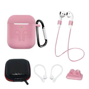 Set of AirPods 2 / AirPods 1 silicone case + case / ear hook / neck strap / watch strap holder / carabiner – pink