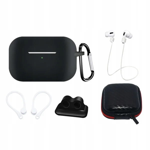 Silicone Case Set for AirPods Pro 2 / AirPods Pro 1 + Case / Ear Hook / Neck Strap / Watch Strap Holder / Carabiner – black