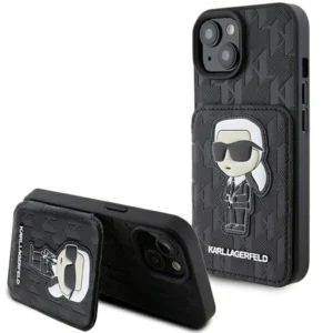 Karl Lagerfeld Saffiano Cardslots and Stand Monogram Ikonik Patch case for iPhone 15 – black