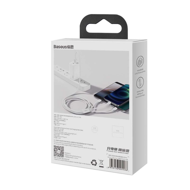 Baseus cable 3in1 Superior USB - Lightning + USB-C + microUSB 1,5 m 3,5A white - Bild 8