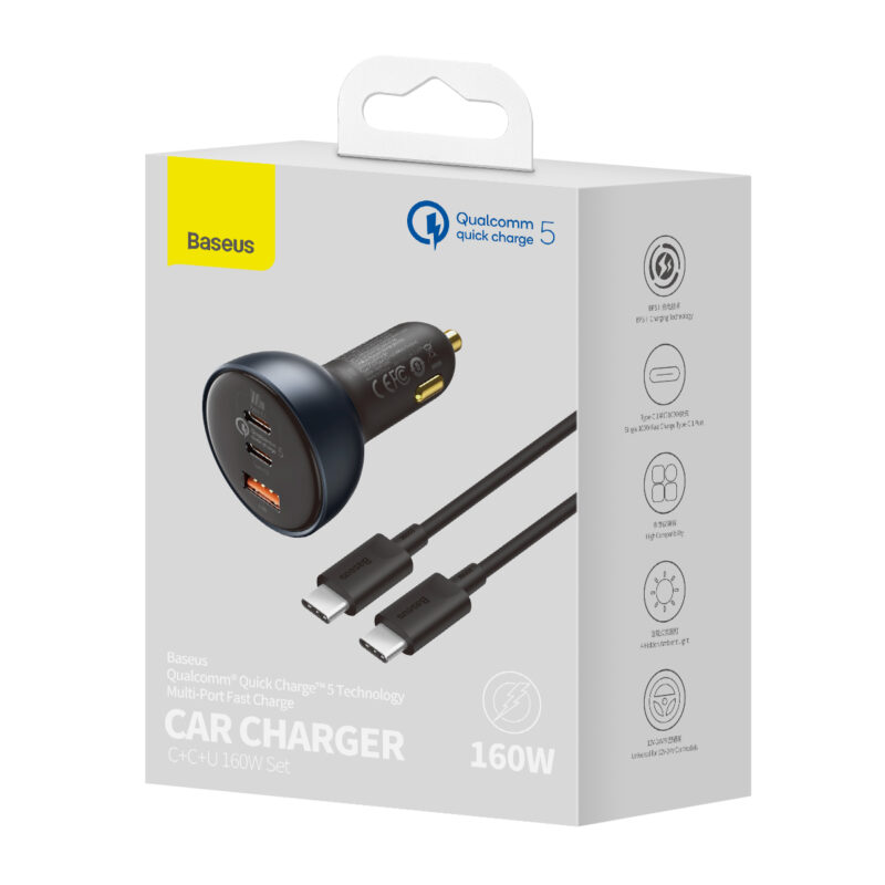 Baseus car charger QC 5 PD 160W 1x USB 2x USB-C black + cable USB-C - USB-C - Bild 9