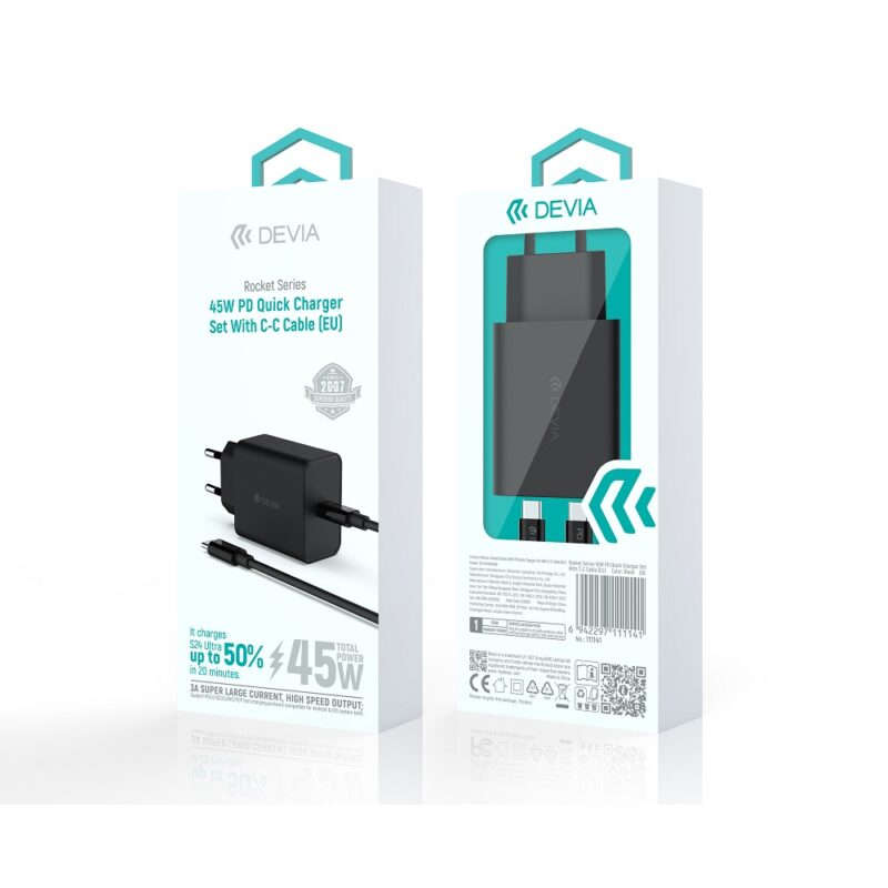 Devia wall charger Rocket PD 45W 1x USB-C black+ cable USB-C - USB-C - Bild 9