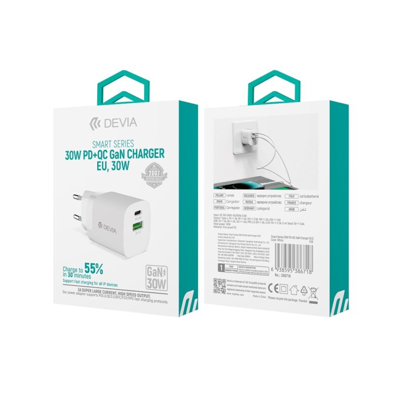 Devia wall charger Smart PD GaN 30W 1x USB-C 1xUSB white - Bild 5