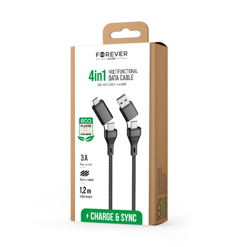 Forever CORE 4in1 cable USB + USB-C - USB-C + microUSB 1,2 m 3A black - Bild 3