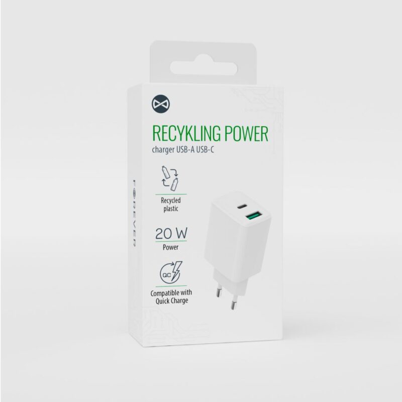 Forever recycled wall charger USB + USB-C 20W LSR20-AC-00 white