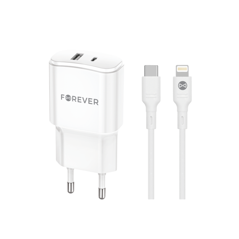 Forever TC-01-20AC PD QC charger 1x USB-C 1x USB 20W white + USB-C - Lightning cable 20W