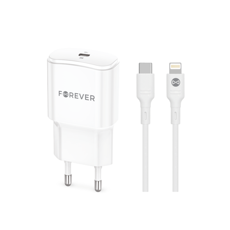 Forever TC-01-20C PD QC charger 1x USB-C 20W white + USB-C - Lightning cable 20W