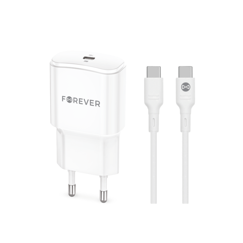 Forever TC-01-20C PD QC charger 1x USB-C 20W white + USB-C - USB-C cable 20W