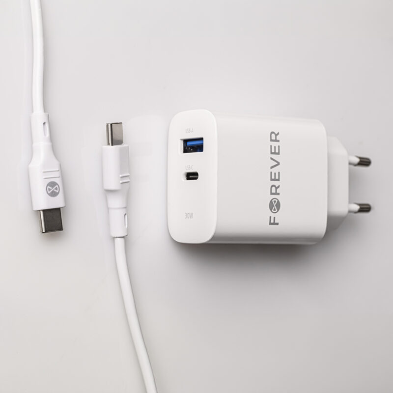 Forever TC-07-30AC PD QC charger 1x USB-C 1x USB 30W white + USB-C - USB-C cable 60W - Bild 11