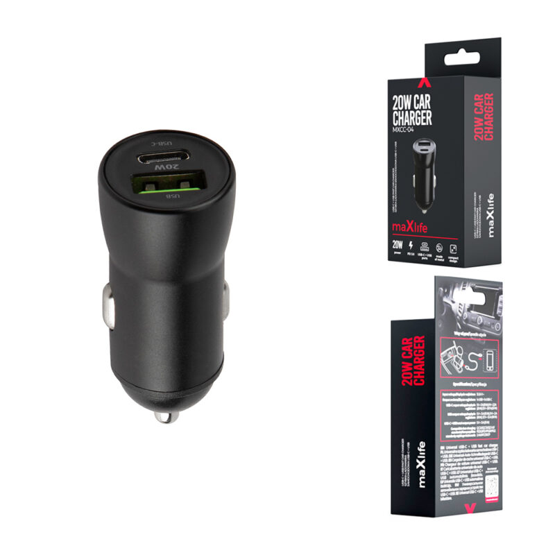 Maxlife MXCC-04 PD QC car charger 1x USB-C 1x USB 20W black - Bild 6