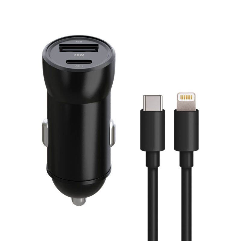 Maxlife MXCC-04 PD QC car charger 1x USB-C 1x USB 20W black + USB-C - Lightning cable 27W